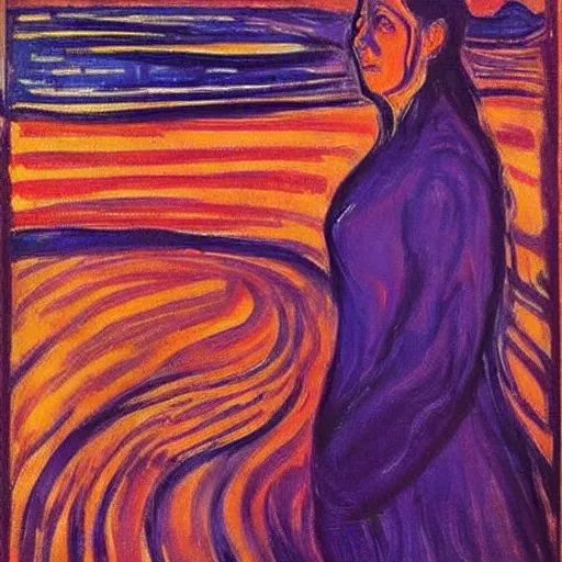 Image similar to queen of the dreamlands, beautiful! coherent! by edvard munch, deep colors, strong lines, high contrast