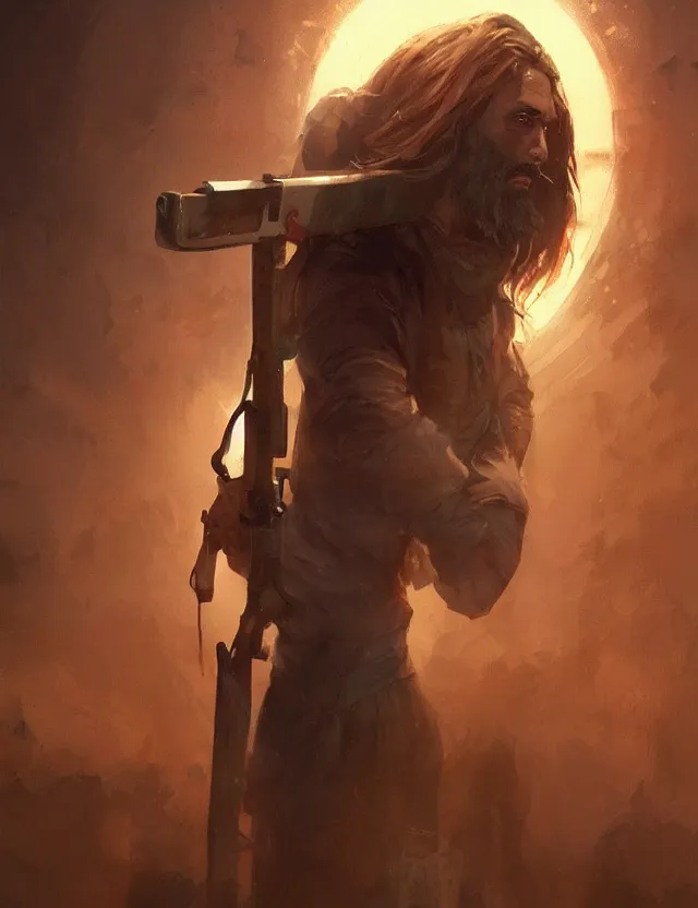 Prompt: jesus with a shotgun, cinematic lighting, highly detailed, concept art, art by wlop and artgerm and greg rutkowski, masterpiece, trending on artstation,