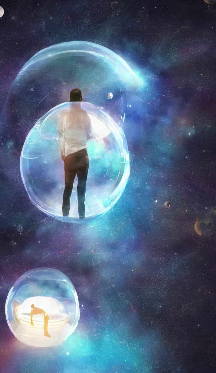 Prompt: a young man alone in one enormous transparent spherical capsule in the middle of outer space, digital art