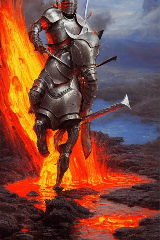 Image similar to knight in armor drawing a sword from a lava lake. by Bryce Cameron Liston, hyperrealistic oil painting, 4k, studio lightning