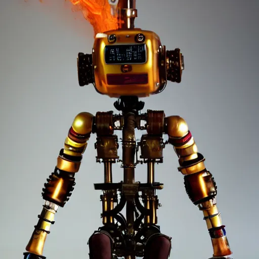 Image similar to humanoid robot with a flamethrower steampunk engine