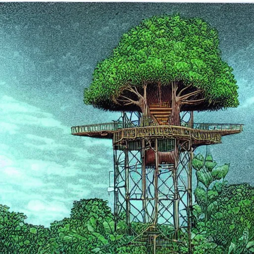 Image similar to a treehouse in a lush jungle during a thunderstorm in the night, drawing by moebius