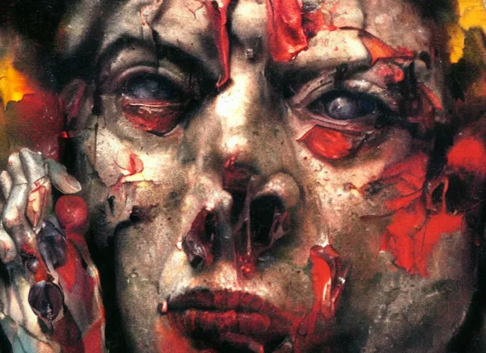 Image similar to a still from an occult horror movie by dario argento, alejandro jodorowsky and kenneth anger, close - up : : oil painting by adrian ghenie