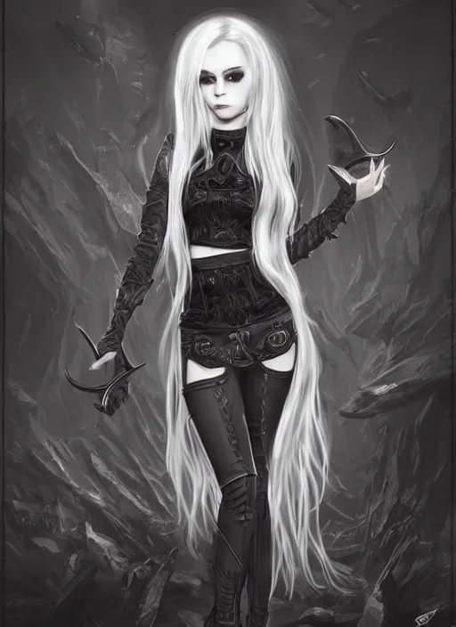 Prompt: kerli koiv in the art style of arcane. gothic mini skirt and crop top, fine art, matte painting, digital art, concept art, artgerm,, rule of 3 rds,