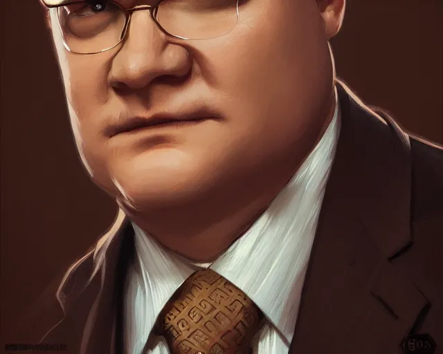 Prompt: close up of andy richter wearing a brown suit and necktie, focus, d & d, intricate, elegant, highly detailed, digital painting, artstation, concept art, matte, sharp focus, illustration, hearthstone, art by artgerm and greg rutkowski and alphonse mucha