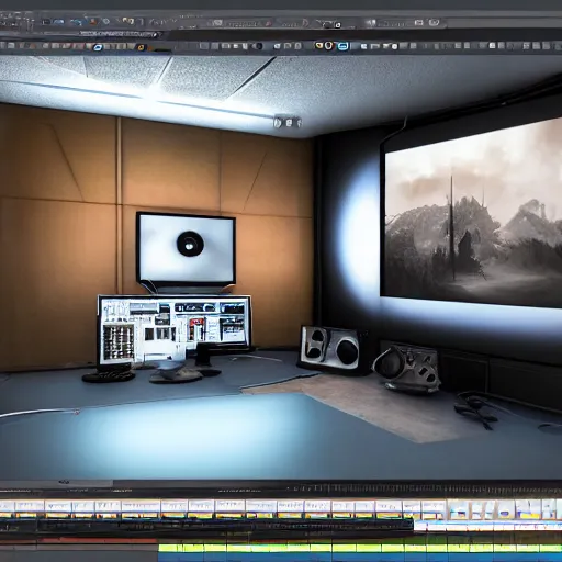 Image similar to en epic synthesizer studio, cinematic light, photorealistic, unreal engine, zbrush central,