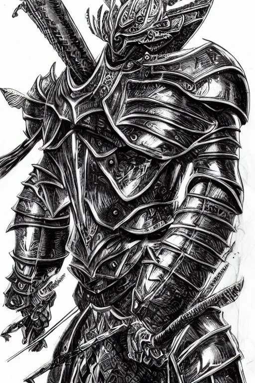 Image similar to armoured warrior, symmetrical, highly detailed, digital art, spine themed armour, sharp focus, trending on art station, kentaro miura manga art style