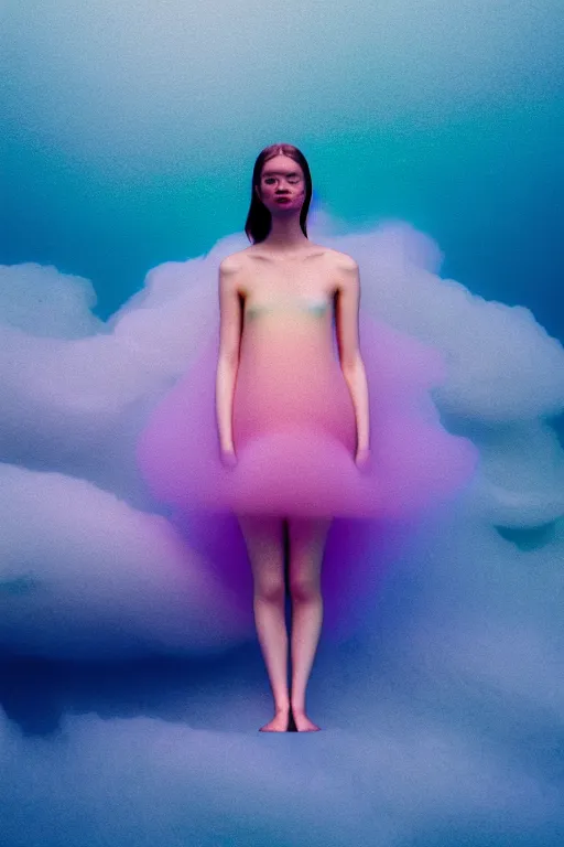 Image similar to high quality pastel coloured film close up wide angle photograph of a model wearing clothing swimming on cloud furniture in a icelandic black rock!! environment in a partially haze filled dreamstate world. three point light, rainbow. photographic production. art directed. pastel colours. volumetric clouds. pastel gradient overlay. waves glitch artefacts. extreme facial clarity. 8 k. filmic.