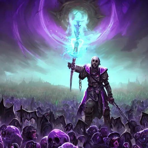 Image similar to a necromancer holding a bone staff calling an army of undead rising from the ground in the background, violet theme, hearthstone art style, epic fantasy style art, fantasy epic digital art, epic fantasy card game art