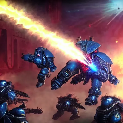 Image similar to Astartes Space Marines fight against space orcs in an epic battle, Cinematic style 4K