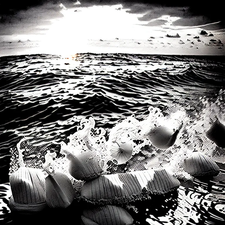 Image similar to corn floating in ocean, waves, sunrise, vintage coutry style, black and white, detailed