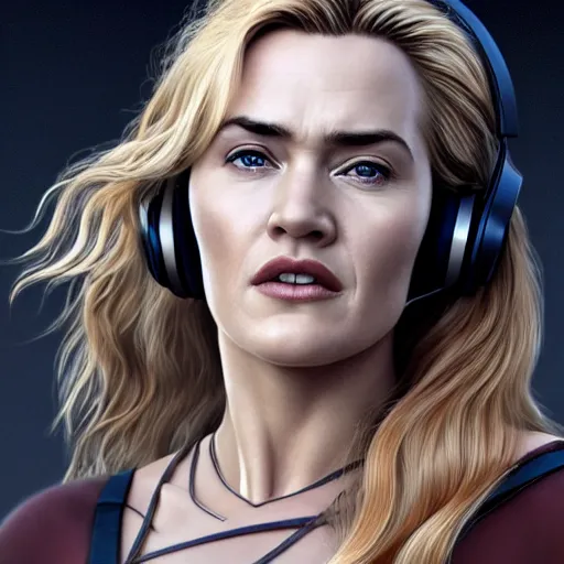 Image similar to epic action shot of kate winslet with symmetrical face stunning eyes and long blonde hair wearing headset laughing, weta disney pixar, hi - fructose, decadent highly - detailed digital painting, golden ratio, octane render, artstation, cinematic composition, smooth, sharp focus, artgerm, mucha, loish, wlop hdr