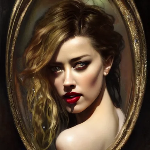 Image similar to hyperrealistic portrait of a woman as amber heard as a vampire witch tears makeup dramatic in a black flower coat reflection in a stone mirror greasy canvas. by jeremy mann and alphonse mucha, fantasy art, photo realistic, dynamic lighting, artstation, poster, volumetric lighting, very detailed faces, 4 k, award winning