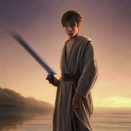 Image similar to a young male jedi with short dark blonde hair standing still looking at the sunset concept art by Doug Chiang cinematic, realistic painting, high definition, concept art, portait image, path tracing, serene landscape, high quality, highly detailed, 8K, soft colors, warm colors, turbulent sea, high coherence, anatomically correct, hyperrealistic, concept art, defined face, five fingers, symmetrical