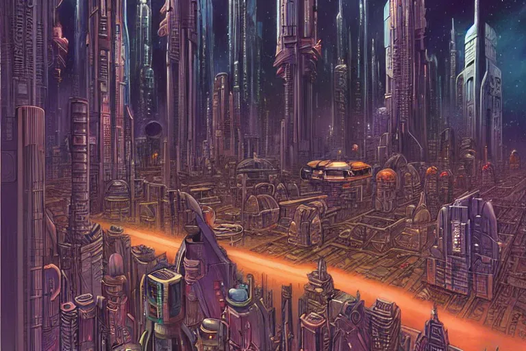 Image similar to a scifi illustration, Night City on Coruscant by joe jusko