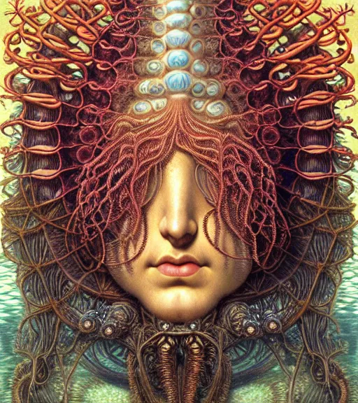 Image similar to hyperrealistic detailed underwater face portrait of the beautiful god of the jellyfish with an intricate headgear of corals, sea kelp, sea plants, fish, starfish, jellyfish, art by ernst haeckel, james jean, john william godward, gothic, neo - gothic, ornamental, beautiful deep colours,