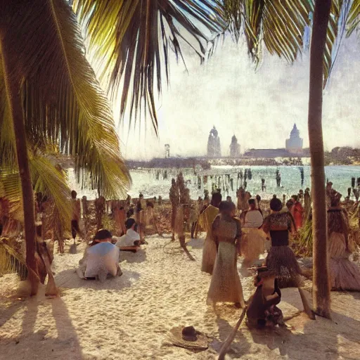 Image similar to a ultradetailed beautiful photo of hundreds of people in the amazonas palace designed by jules bastien - lepage, hans belmer, frank weston and gustave baumann, beach, trending on artstation, mediterranean, palm trees, light sparkles, sharp focus, soft light, 8 k 4 k