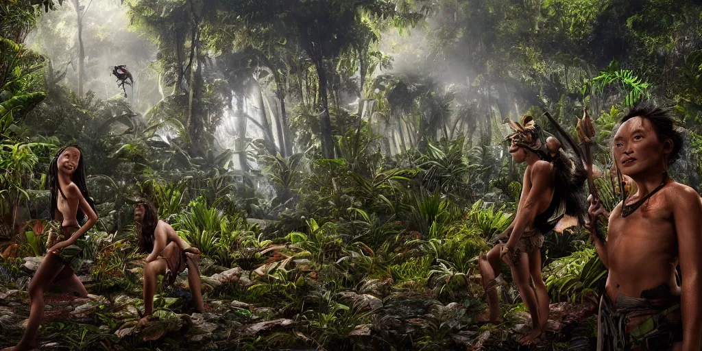 Image similar to borneo people in jungle, unreal 5, hyperrealistic, realistic, photorealistic, dynamic lighting, highly detailed, cinematic landscape, studio landscape, studio lighting