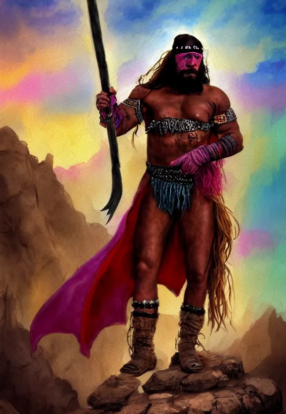 Prompt: a solitary macho man randy savage wearing a colourful heavy cloak alone full body rocky desolate wasteland | portrait | fantasy impressionist watercolour painting | matte painting | matte drawing | middle earth | pathfinder | featured on artstation deviant art | sword and sorcery | pintrest | conan | darksun | d & d dungeons and dragons | barbarian