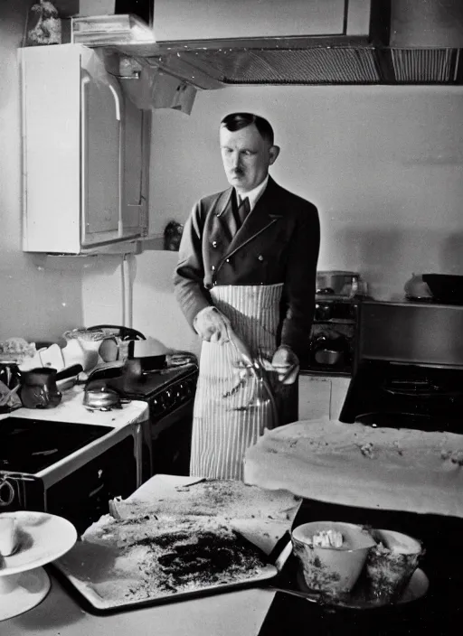 Image similar to a 35mm photograph of Hitler as a 1950's housewife, baking a cake, in a messy kitchen Canon 50mm, film, Kodachrome