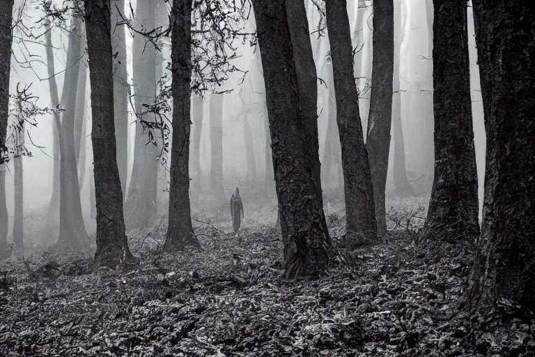 Image similar to photo of monsters lurking on the forest, unsettling atmosphere, eerie, bizarre, horror