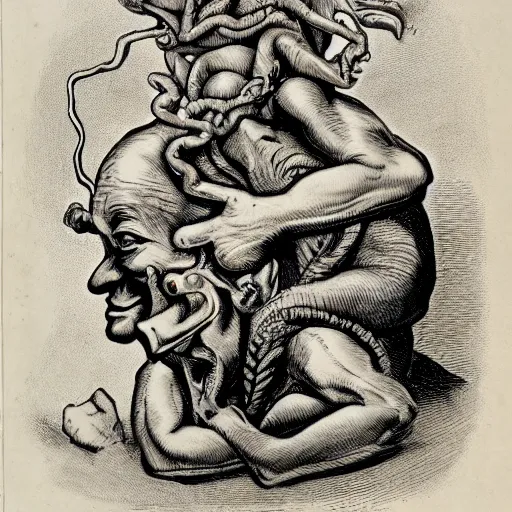 Prompt: goblin sitting on the shoulders of a blind - folded medusa, caricature, highly detailed