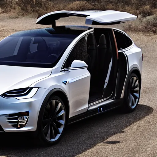 Prompt: high res Tesla model X with the Falcon Windows open, 4k photography