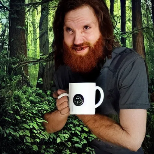 Image similar to dude drinking mug of hot coffee!!!!!!! in a mystical fantasy forest!!!!!!!!!