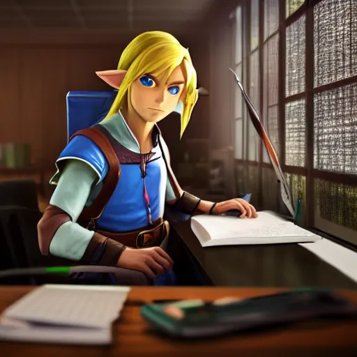 Prompt: Link from Zelda, sitting at a desk programming on a computer, close-up shot, cozy, indoor lighting, hyperdetailed, high resolution, camera looks from behind at computer, Yusuke Nakano