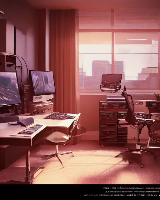 Image similar to artstation scifi scene of a complex computer workstation in a small studio apartment room, many monitors, many electronics, a window view, a tall floor plant, very detailed, maximalism, ambient occlusion, volumetric light, atmospheric haze, unreal engine, hyper realism, realistic shading, cinematic composition, realistic render, octane render, detailed textures, photorealistic, wide shot