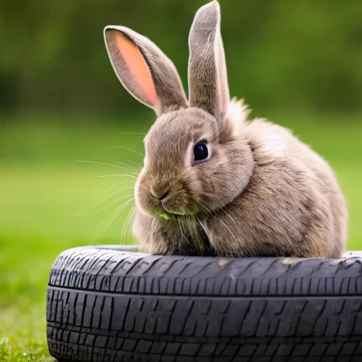 Image similar to a cute bunny sitting on a tire, studio photo, high quality