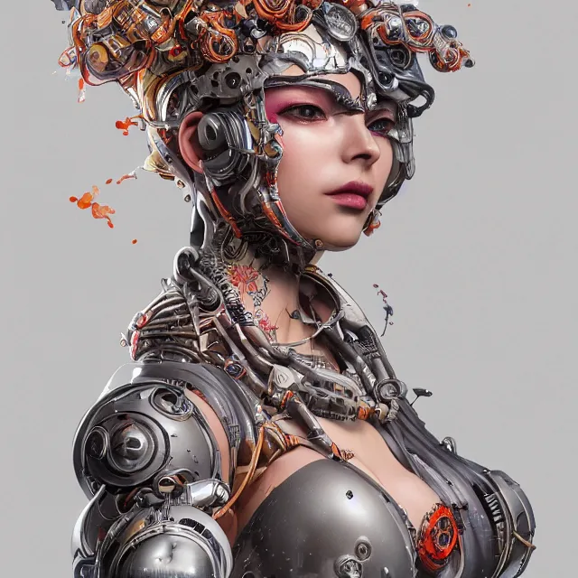 Prompt: the portrait of true neutral semi - colorful female cyborg mechanist as absurdly beautiful, gorgeous, elegant, young swimsuit model looking up, an ultrafine hyperdetailed illustration by kim jung gi, irakli nadar, intricate linework, bright colors, octopath traveler, final fantasy, unreal engine highly rendered, global illumination, radiant light, detailed and intricate environment