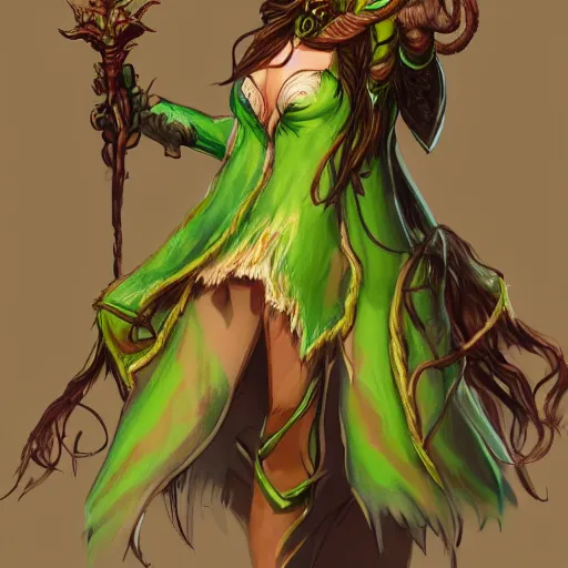 Image similar to elf druid with messy brown hair, green cloak, character art, trending on artstation,