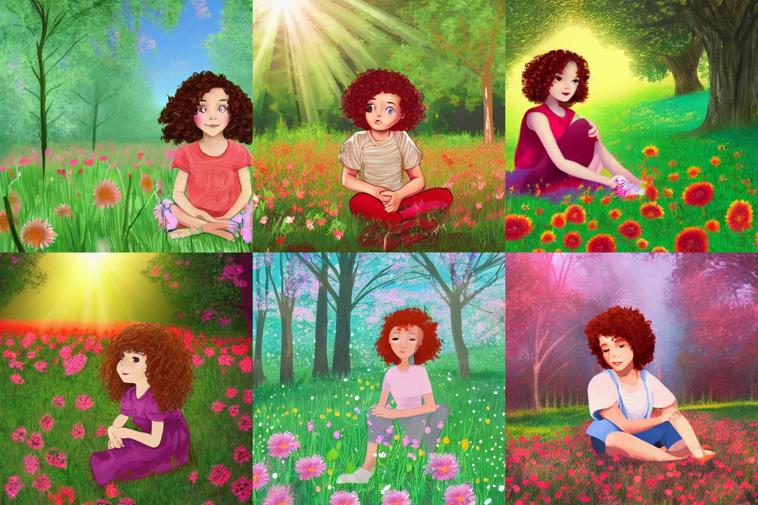 Prompt: a cute young girl with short curly red hair sitting in a field of flowers, god rays are passing through the trees in the background, cute digital drawing, complementary colors