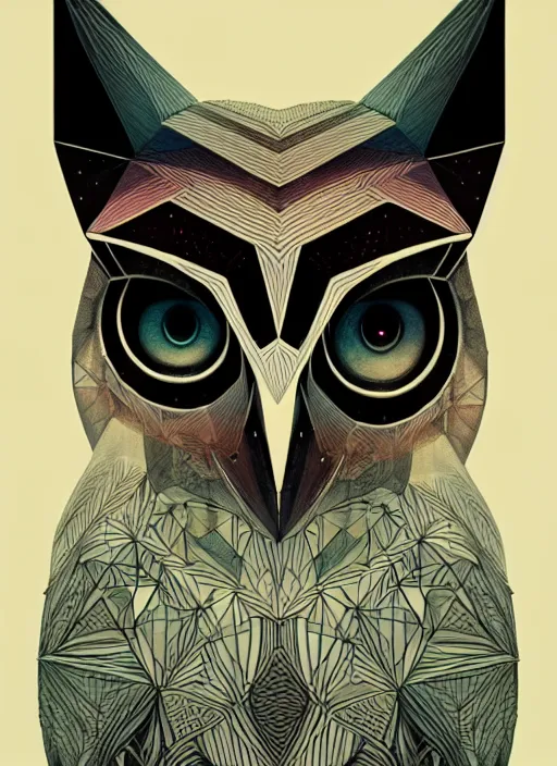 Image similar to portrait of a geometric owl, identical eyes, medium shot, illustration, full body made of white feathers, symmetrical, art stand, super detailed, cinematic lighting, and its detailed and intricate, gorgeous, by peter mohrbacher