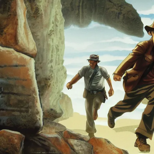 Image similar to Indiana Jones being chased by a boulder trap underground, boulder chase, inside ancient stone temple background, Indiana Jones running away from big round stone, raiders of the lost ark, detailed background, anime key visual