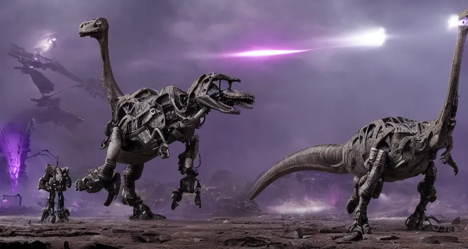 Prompt: movie still of dinosaur mecha robots, atmospheric, purple lasers, beautiful, directed by neil blomkamp, soft lighting, cinematic lighting, film grain, very high detail, dramatic composition,