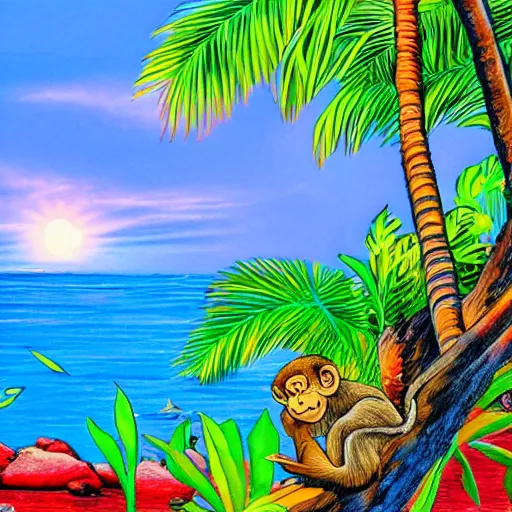 Prompt: monkey staring out into the ocean on a tropical island, hyper detailed, realistic, bright colors, beautiful