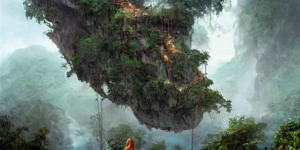 Image similar to an island of jungle cliffs with treehouses atop. tiered catwalks and rope bridges. foggy valley and mountains fading into the distance, at sunset. waterfalls. neverland. peter pan kids wearing war paint and headdresses, standing on the rope bridges. magic the gathering card art by greg rutkowski.