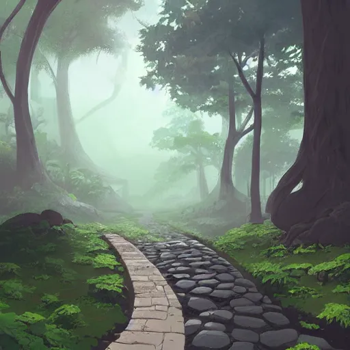 Prompt: concept art by sylvain sarrailh of an stone path leading to an abandonned asian temple, asiatic forest, studio ghibli