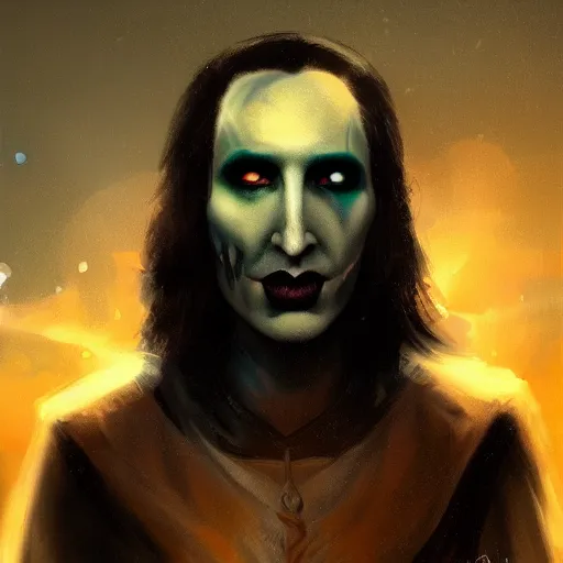 Prompt: a beautiful Norse Warrior based on Marilyn Manson with glowing aura by Greg Rutkowski and Raymond Swanland, Trending on Artstation, cloudy background, ultra realistic digital art