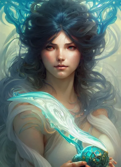 Image similar to summoner with a cute water elemental, fantasy, intricate, elegant, highly detailed, digital painting, artstation, concept art, wallpaper, smooth, sharp focus, illustration, art by artgerm and greg rutkowski and alphonse mucha