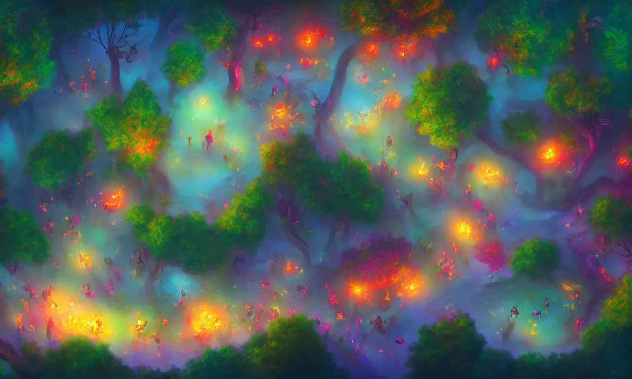 Image similar to enchanted magical forest on magical colorful fire, aerial view, digital painting , digital art , artstation , devian art , 4k , HD