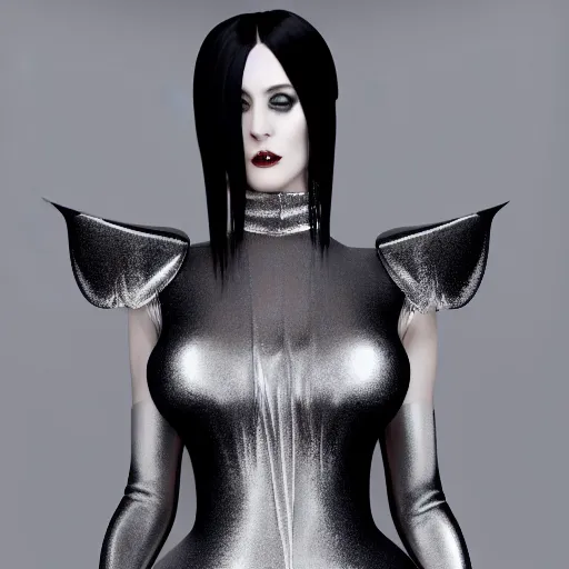 Prompt: portrait of a classy pale goth woman with an elaborate elegant silver multilayered latex high-neck outfit, cgsociety, photorealistic, sublime, cool, 16k, smooth, sharp focus, trending on ArtStation, volumetric lighting