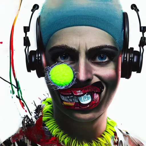 Image similar to a portrait of an anthropomorphic tennis ball monster by sandra chevrier, detailed render, tape deck, boombox, headphones, epic composition, cybernetics, 4 k realistic, cryengine, realistic shaded lighting, sharp focus, masterpiece, by matteo scalera, gary montalbano, peter elson in the style of the tokyo ghost comic