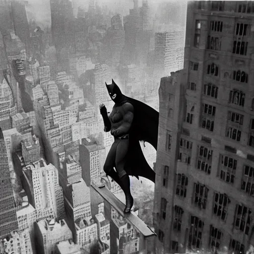 Prompt: old black and white photo, 1 9 1 3, depicting batman from dark knight on top of skyscraper construction steel bar overlooking new york city, rule of thirds, historical record