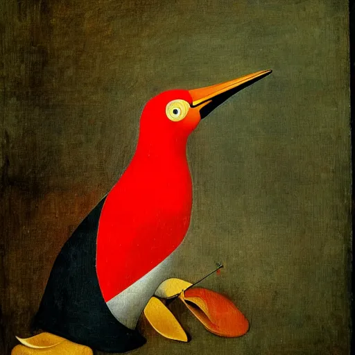 Prompt: red penguin by hieronymus bosch