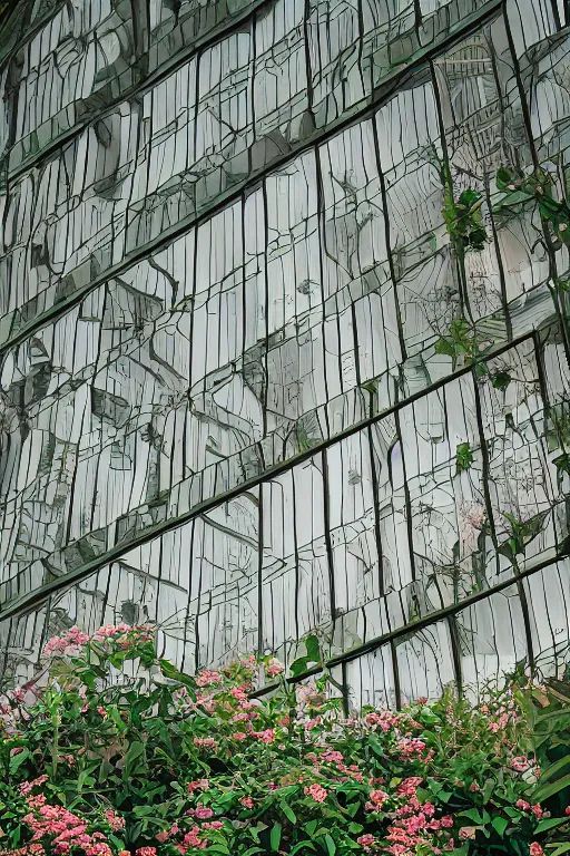 Prompt: Medium Format Portrait Photo of a modern architectural interior made of mirrors with many beautiful plants and flowers. award winning, highly detailed, depth of field, Cinestill 800t, wide shot, photo print.