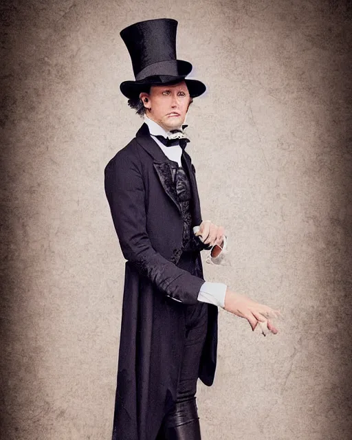 Image similar to Tall, elegant, Coyote man, has yellow wolf eyes, a long beautiful tail, long coyote like ears, He is dressed Victorian era style, wearing a Top Hat and cape, highly realistic, photoreal, photograph in the style of Annie Leibovitz, Studio lighting