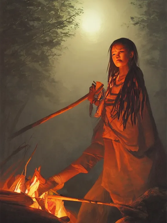 Image similar to an ultradetailed beautiful portrait painting of an female tribe native at a campfire at night, side view, oil painting, high resolution, by ilya kuvshinov, greg rutkowski and makoto shinkai